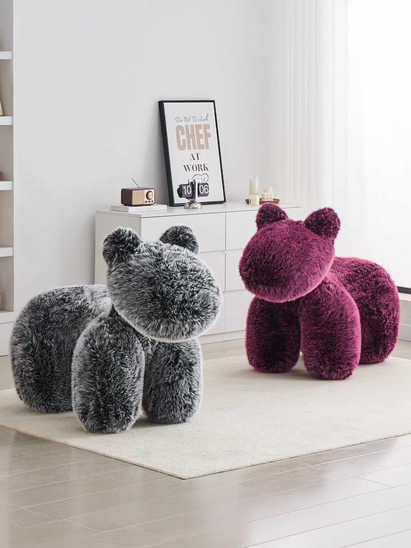 Gray Faux Fur Animal Accent Chair, Sculptural Four-Legged Molded Foam Lounge Seat with Plush Upholstery for Living Room, Bedroom, Reading Nook and Playroom Décor