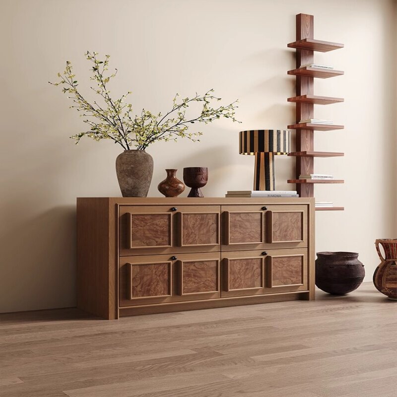 Natural Wood 4 Drawer Dresser Cabinet, Scandinavian Style Solid Wood Storage Chest, Low Sideboard Cabinet for Bedroom, Living Room, Entryway, Hallway, Closet, and Home Organization