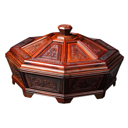 Octagonal Lidded Hardwood Snack Box, 5-Compartment Chinese-Style Candy and Dry Fruit Organizer, Carved Decorative Nut and Treat Storage Box for Coffee Table, Living Room, Wedding and Holiday Hosting