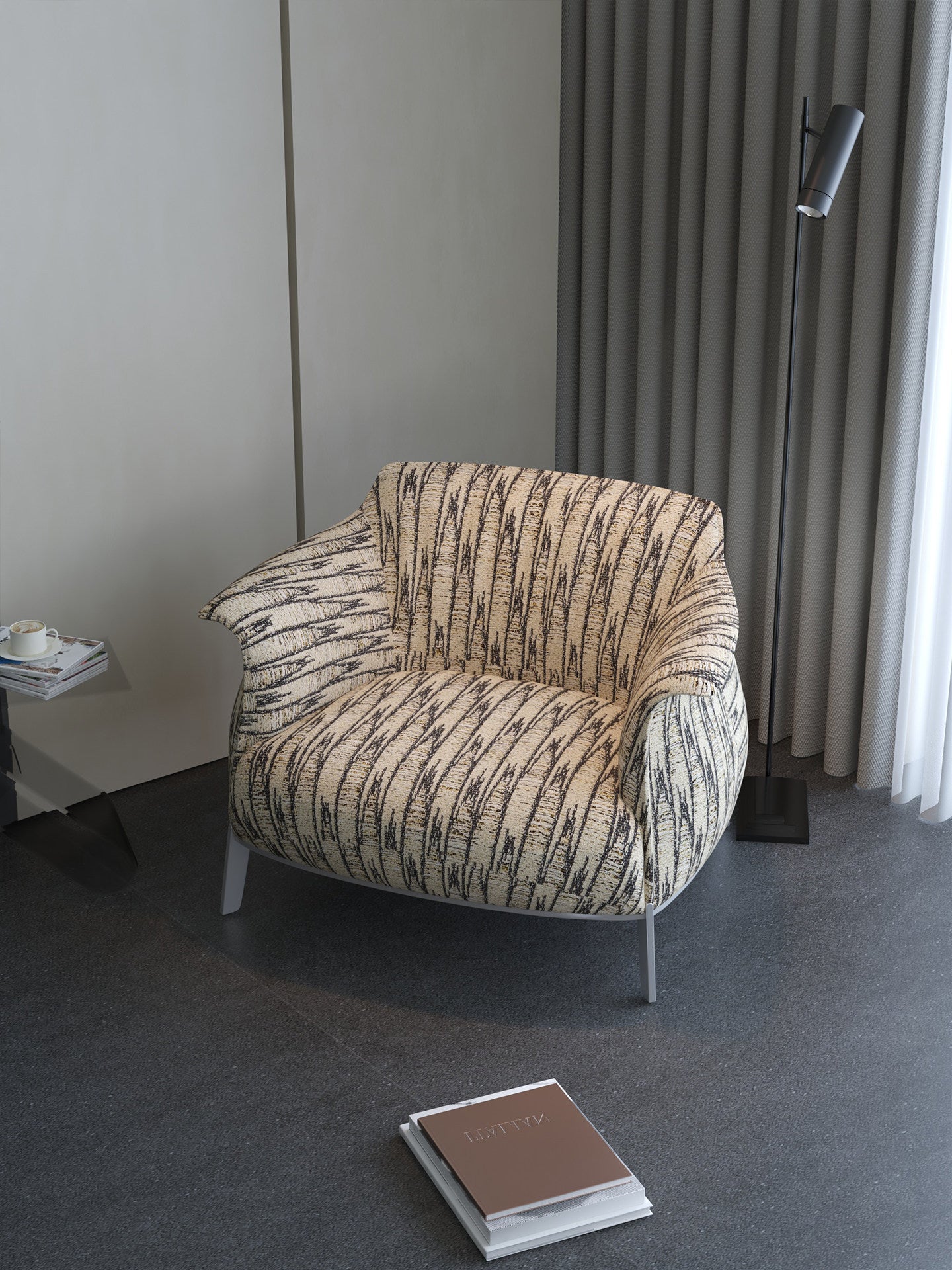 Ivory and Black Abstract Stripe Fabric Accent Armchair, Modern French-Inspired Curved Lounge Chair with Wraparound Arms and Slim Silver Legs for Living Room, Bedroom, Balcony and Reception Area