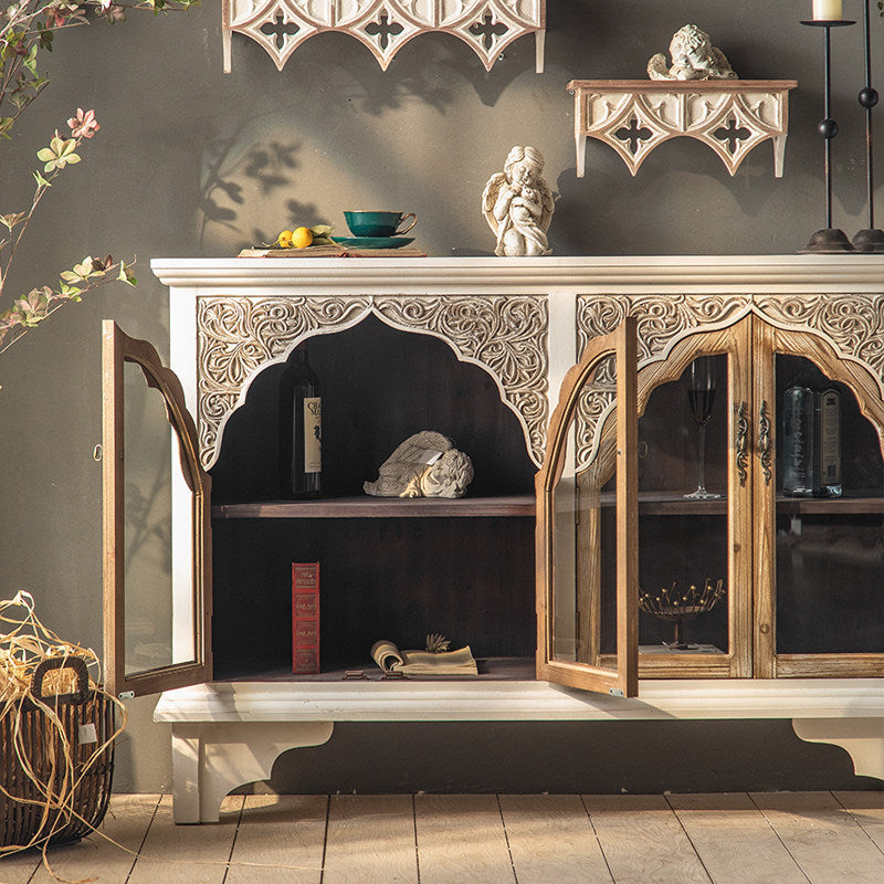Ivory Carved 4-Door Display Cabinet with Glass Panels and Shelves