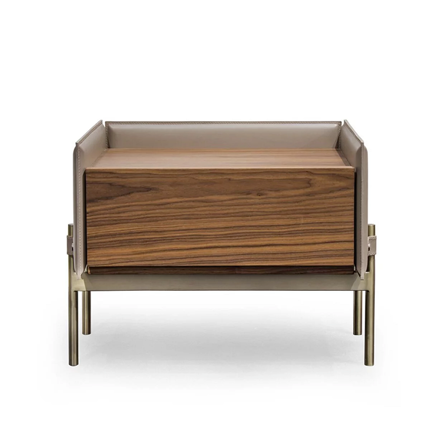Modern Luxury Nightstand, Rectangular Bedside Table with Dark Wood Drawer and Cream Leather Side Panels, Metal Frame End Table for Bedroom, Hotel Room, Living Room