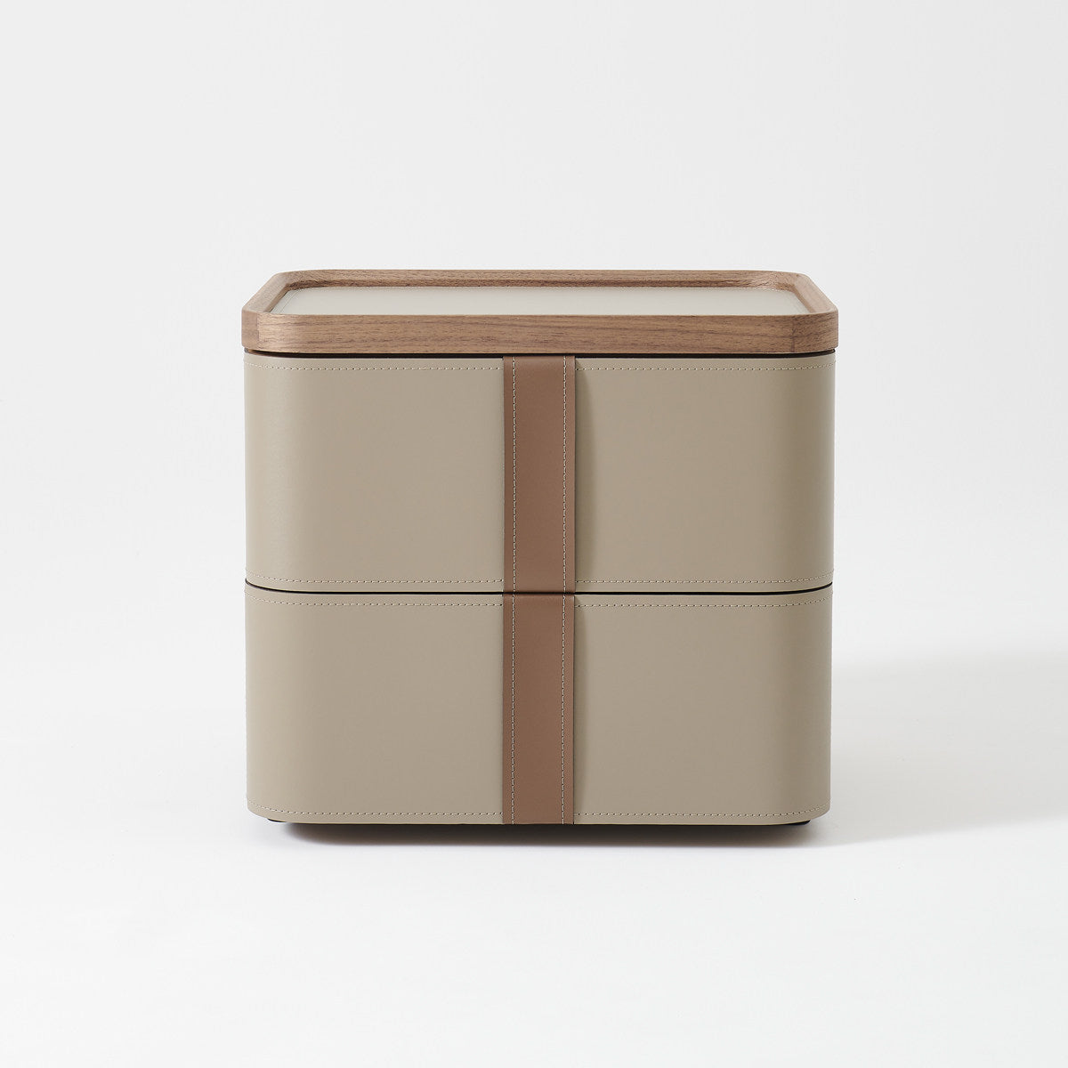 Modern Leather Wrapped Nightstand, 2 Drawer Bedside Table with Walnut Finish Top, Italian Style Minimalist Bedroom Storage Cabinet, Taupe End Table for Bedroom or Living Room