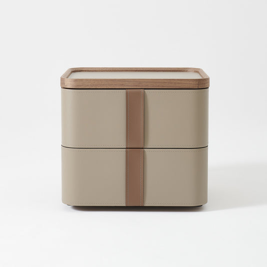 Modern Leather Wrapped Nightstand, 2 Drawer Bedside Table with Walnut Finish Top, Italian Style Minimalist Bedroom Storage Cabinet, Taupe End Table for Bedroom or Living Room