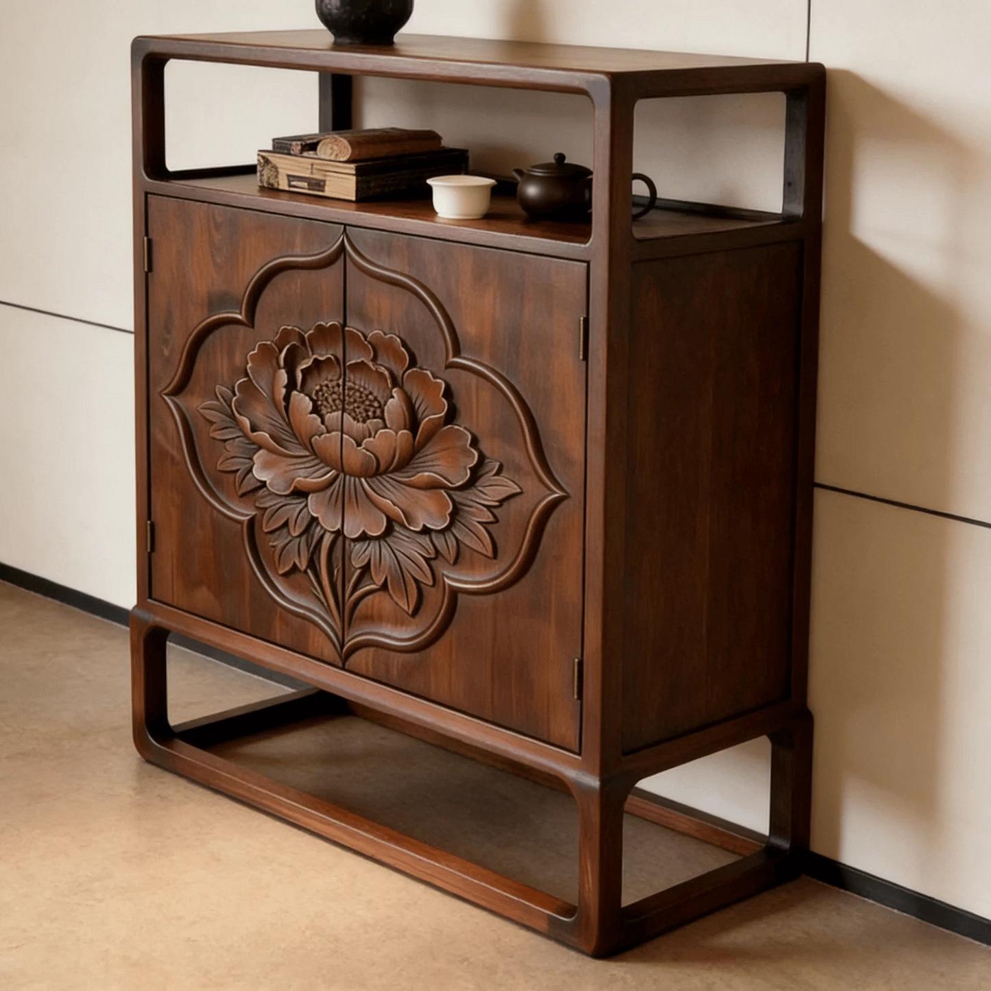 Solid Ash Wood Carved Entryway Storage Cabinet with Floral Doors, Modern Wooden Sideboard Buffet Cabinet with Open Display Shelf, Walnut Finish Accent Console Cabinet for Entryway, Dining Room, Living Room &amp; Hallway