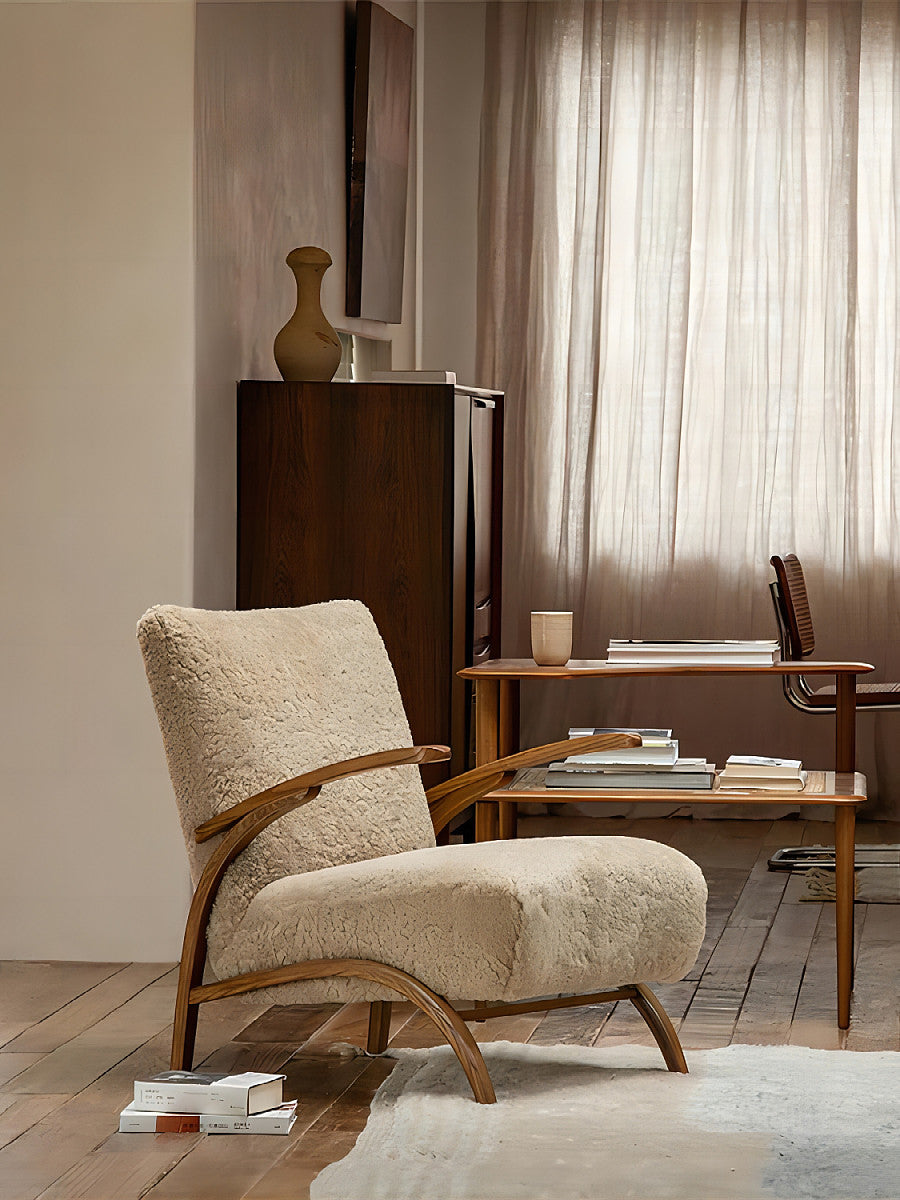 Nordic Sherpa Accent Chair, Mid Century Modern Wood Frame Lounge Chair with Almond Beige Upholstery, Single Sofa Leisure Chair for Living Room, Bedroom, Reading Nook, Balcony and Boutique Hotel