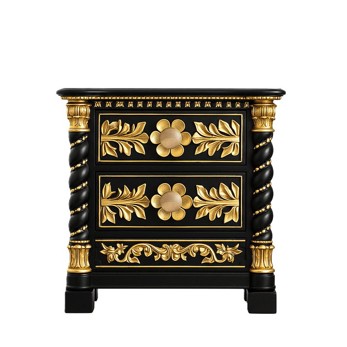 Black Gold 2-Drawer Neoclassical Nightstand with Floral Relief