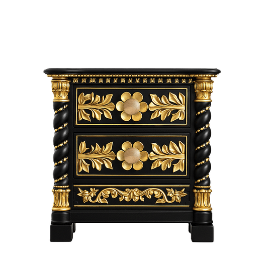 Black Gold 2-Drawer Neoclassical Nightstand with Floral Relief
