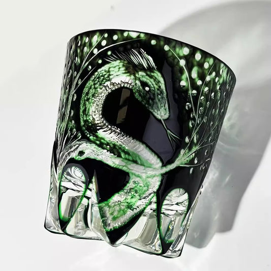 Japanese Cut Glass Style Whiskey Tumbler, Green Snake Pattern Crystal Rocks Glass, Decorative Old Fashioned Cocktail Glass for Bourbon, Scotch, Water, Holiday Gift