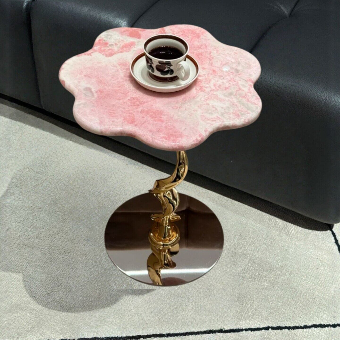 Pink Marble Flower Side Table, Petal Shaped Accent Table with Glossy Stainless Steel Base, Natural Stone End Table for Living Room, Bedroom, Sofa Side, Lounge Decor
