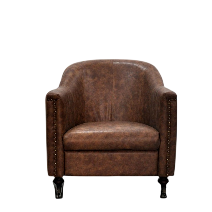 Brown Distressed Leather Club Chair, Vintage Tub Barrel Accent Chair with Nailhead Trim, Upholstered Single Sofa Armchair for Living Room, Bedroom, Office, Hotel Lobby