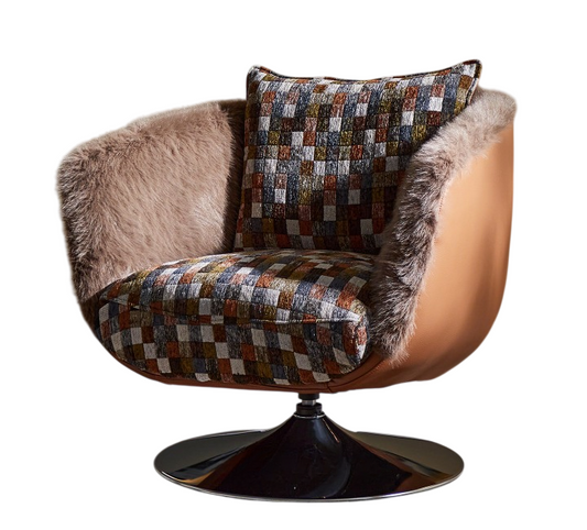 Plaid Swivel Accent Chair, Retro Upholstered Lounge Chair with Faux Fur Trim and Metal Pedestal Base for Living Room, Bedroom and Reading Corner