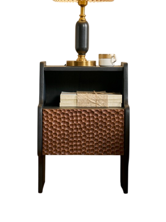 Solid Ash Wood Nightstand with Drawer and Open Shelf, Vintage Brown Bedside Table