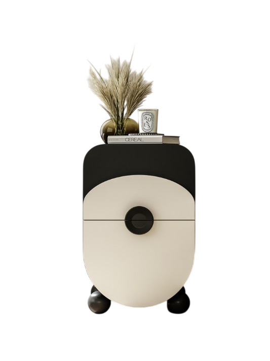 Modern Rounded Nightstand with Drawer, Black and Cream Bedside Table with Ball Feet, Lacquered Wood Accent Cabinet, Compact End Table for Bedroom, Living Room, Small Spaces