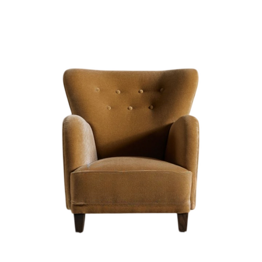 Brown Upholstered Wingback Accent Chair, French Style Fabric Armchair, Button Tufted Single Sofa Chair with Solid Wood Legs for Living Room, Bedroom, Reading Corner