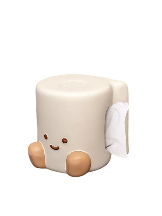 White and Beige Ceramic Character Tissue Box Holder, Cute Smiling Person-Shaped Facial Tissue Cover with Side Dispensing Opening for Living Room, Bedroom, Bathroom and Office Desk Decor