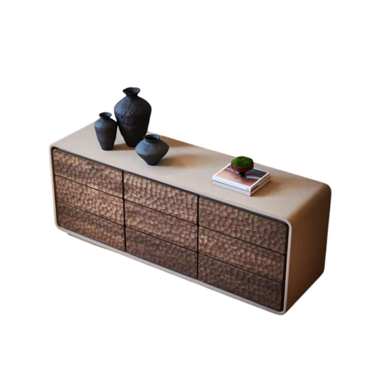 Solid Wood 9 Drawer Dresser, Textured Hammered Front Storage Cabinet, Wabi Sabi Low Chest of Drawers for Bedroom, Living Room, Entryway or Hallway