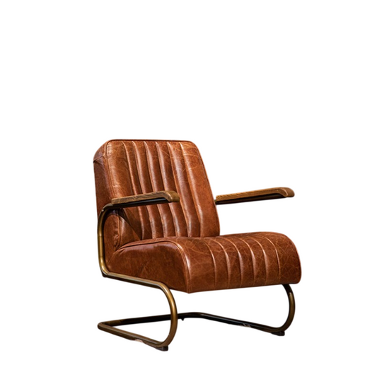 Brown Leather Accent Chair, Oil Waxed Top Grain Leather Lounge Chair with Cantilever Metal Frame and Wood Armrests, Mid Century Modern Armchair for Living Room, Bedroom, Office