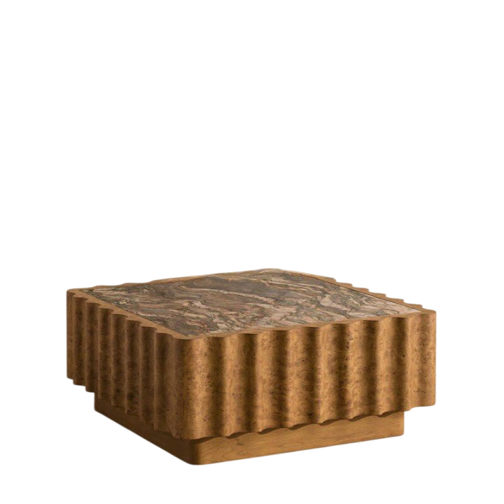 Square Marble Top Coffee Table, Solid Wood Carved Fluted Center Table for Living Room, Hotel Lounge, Villa, Modern Rustic Cocktail Table