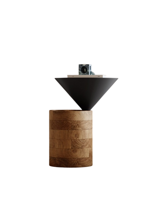 Modern Sculptural Side Table, Wood Cylinder Accent Table with Black Cone Top, Compact End Table for Living Room, Bedroom, Sofa Side, Apartment, Reading Nook, and Small Spaces