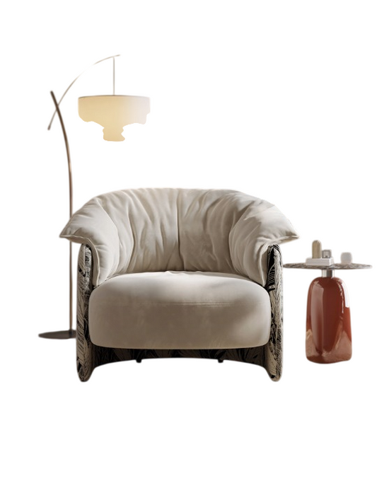 Oversized Cream Accent Chair, Modern Upholstered Lounge Chair with Black Botanical Pattern Sides, Wide Barrel Style Armchair for Living Room, Bedroom, Reading Nook, Apartment, Hotel Lobby