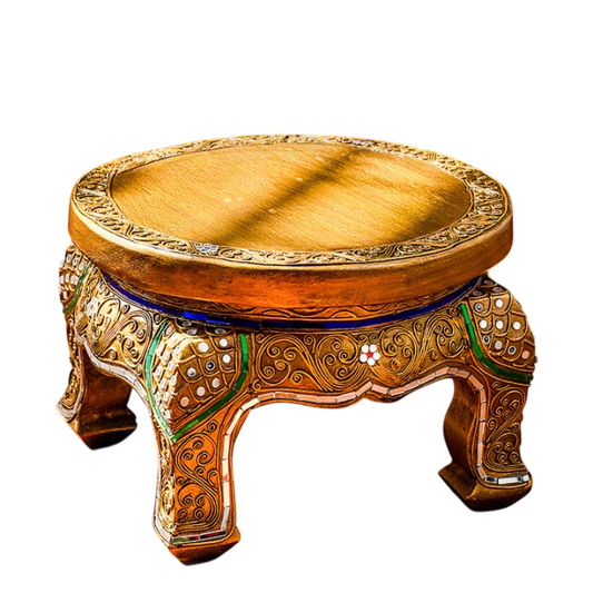 Hand-Carved Solid Wood Elephant Stool, Gold-Tone Accent Seat