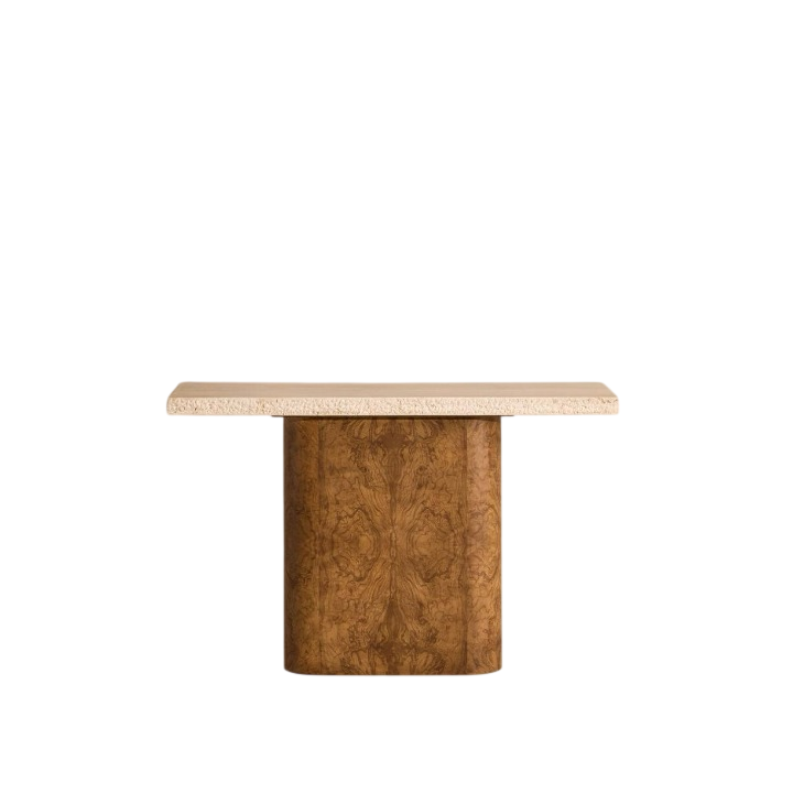Travertine Top Console Table, Burl Wood Look Pedestal Entryway Table, Wabi Sabi Sofa Table for Hallway, Living Room, Foyer or Accent Decor
