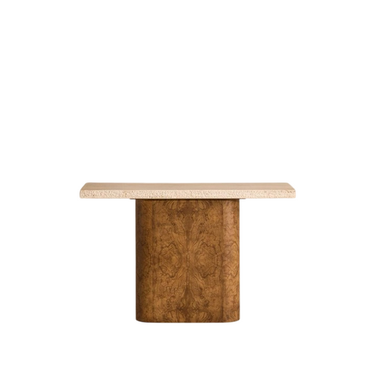Travertine Top Console Table, Burl Wood Look Pedestal Entryway Table, Wabi Sabi Sofa Table for Hallway, Living Room, Foyer or Accent Decor
