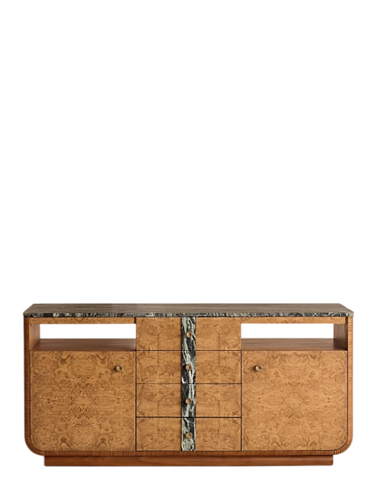 Burl Wood Sideboard Cabinet with Marble Top, Solid Wood Buffet Cabinet, 2 Door 4 Drawer Dining Room Credenza, Entryway Storage Cabinet, Living Room Console Cabinet with Shelves
