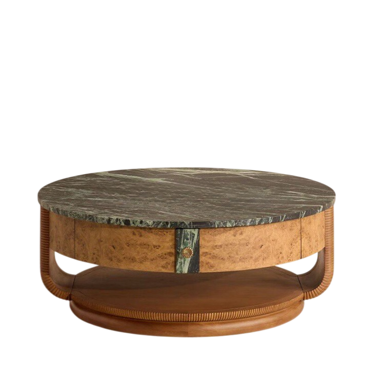 Round Marble Top Coffee Table, Solid Wood Carved Center Table with Lower Shelf for Living Room, Villa, Hotel Lounge, Vintage Cocktail Table