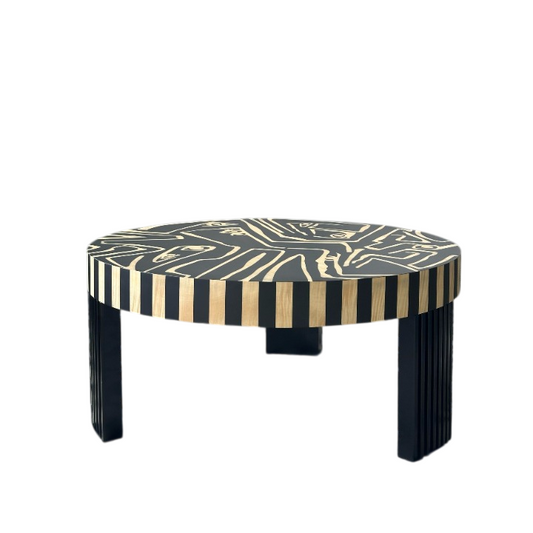 Round Solid Wood Coffee Table, Black Abstract Line Art Low Coffee Table with Striped Edge, Wabi Sabi Modern Accent Table for Living Room, Lounge, Boutique Display