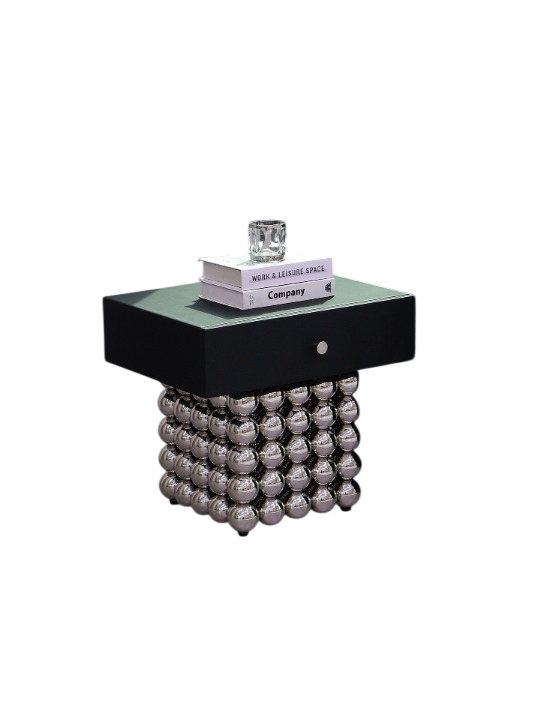 Black Nightstand with Stainless Steel Sphere Base and Drawer