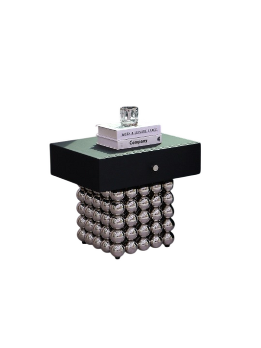 Black Nightstand with Stainless Steel Sphere Base and Drawer