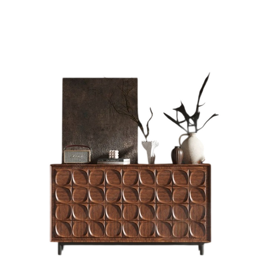 Walnut Finish Sideboard, Geometric 4-Door Storage Cabinet