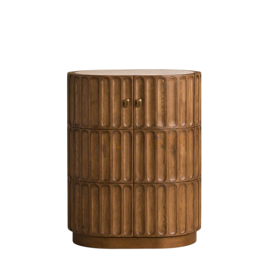 Marble Top Fluted Wood Nightstand, Carved Bedside Cabinet with Storage for Bedroom, Villa, Guest Room, Boutique Hotel, Vintage Brown