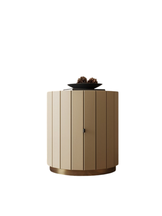 Round Leather Look Nightstand, Modern Bedside Table with Vertical Channel Design, Solid Wood Frame Accent Cabinet with Gold Tone Base for Bedroom, Guest Room, Apartment, and Small Spaces