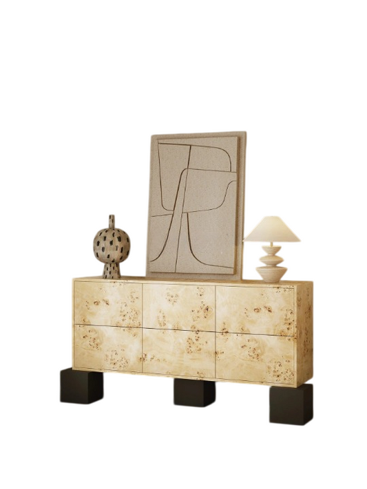 Burl Wood 6 Drawer Sideboard Cabinet, Vintage Modern Storage Credenza with Black Block Legs, Solid Wood Buffet Cabinet for Dining Room, Living Room, Entryway, Bedroom