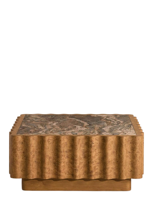 Square Marble Top Coffee Table, Burl Wood Accent Cocktail Table for Living Room