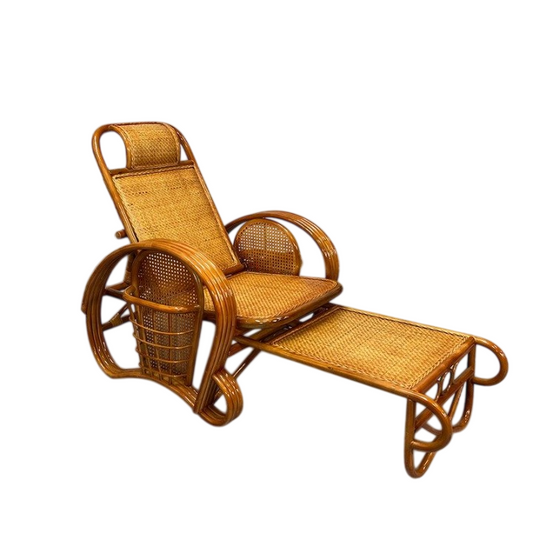 Natural Rattan Reclining Lounge Chair with Pull-Out Footrest