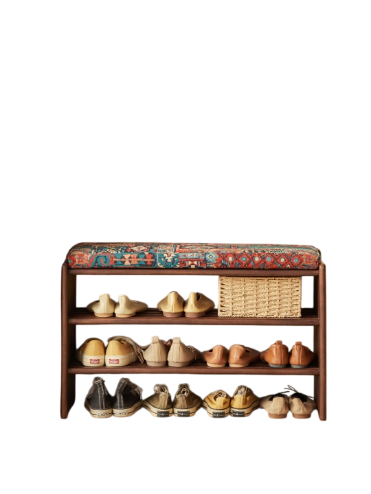 Solid Ash Wood Shoe Storage Bench with Removable Cushion, 3-Tier Entryway Shoe Rack