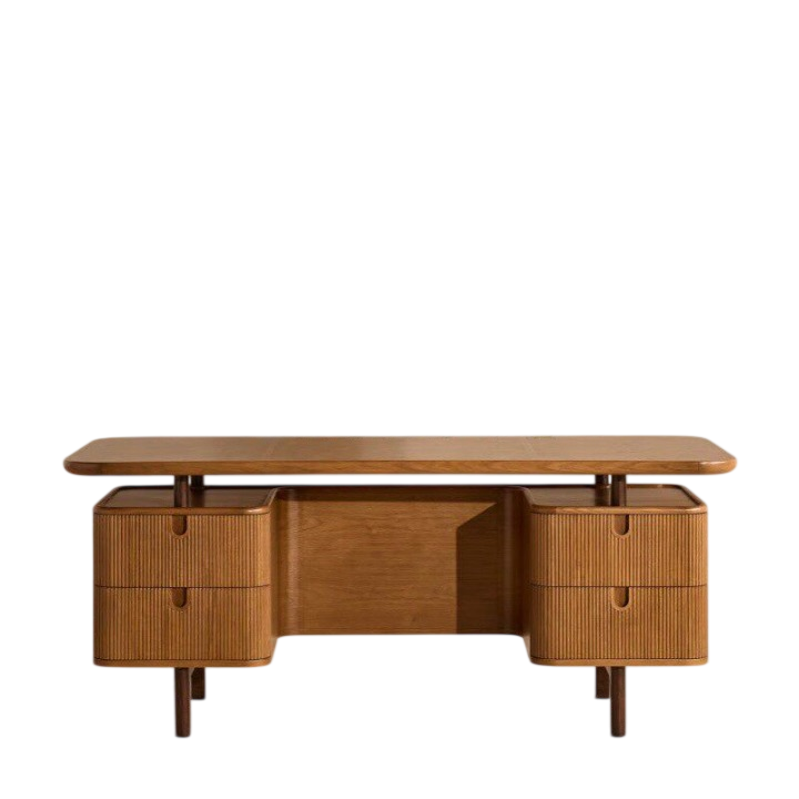 Large Solid Wood Executive Desk, Writing Desk with Side Storage Cabinets for Home Office, Study Room, Bedroom, Hotel, Villa, Natural Brown