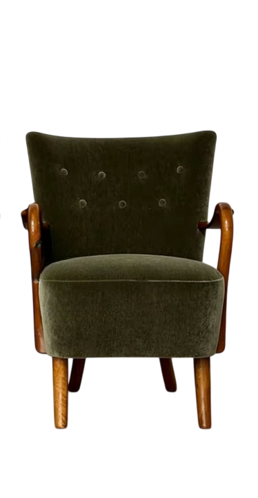 Olive Green Upholstered Accent Chair, Vintage Style Solid Wood Armchair, Button Tufted Single Sofa Chair with Wooden Arms for Living Room, Bedroom, Reading Corner