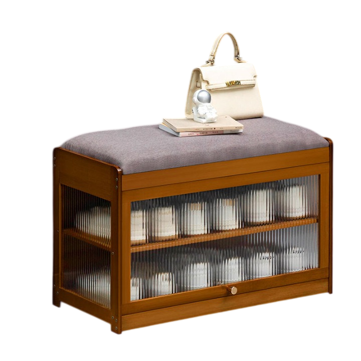 Walnut Shoe Storage Bench with Upholstered Seat and 2 Shelves