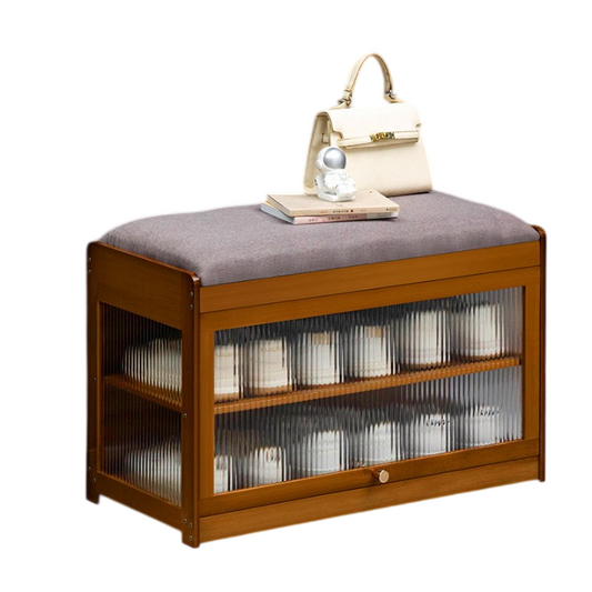 Walnut Shoe Storage Bench with Upholstered Seat and 2 Shelves