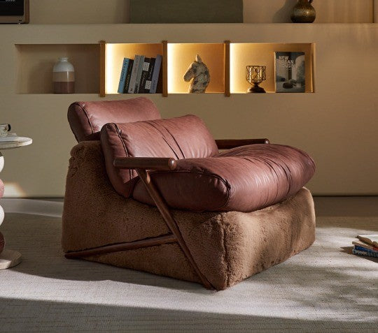 Brown Leather Lounge Chair, Oversized Single Sofa Chair with Faux Fur Base and Solid Wood Arms for Living Room, Bedroom, Reading Nook and Lounge