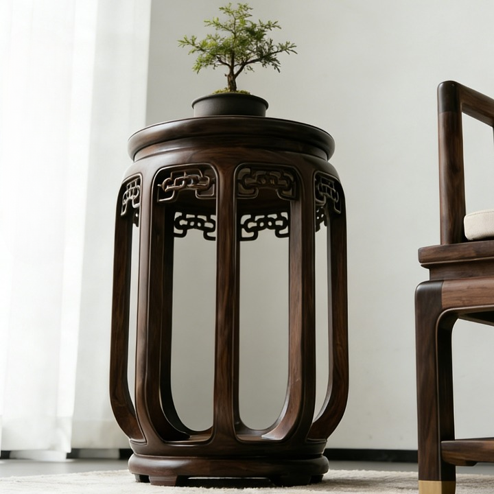 Ash Wood Round Side Table with Carved Openwork Frame