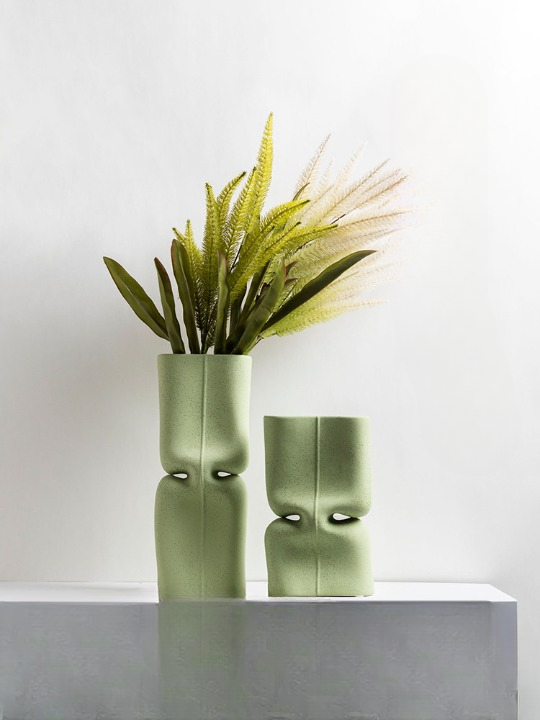 Set of 2 Light Green Ceramic Vases, Modern Sculptural Table Decor