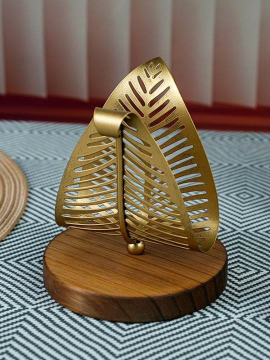 Antique Gold Leaf Napkin Holder with Round Wood Base, 5.7 Inch