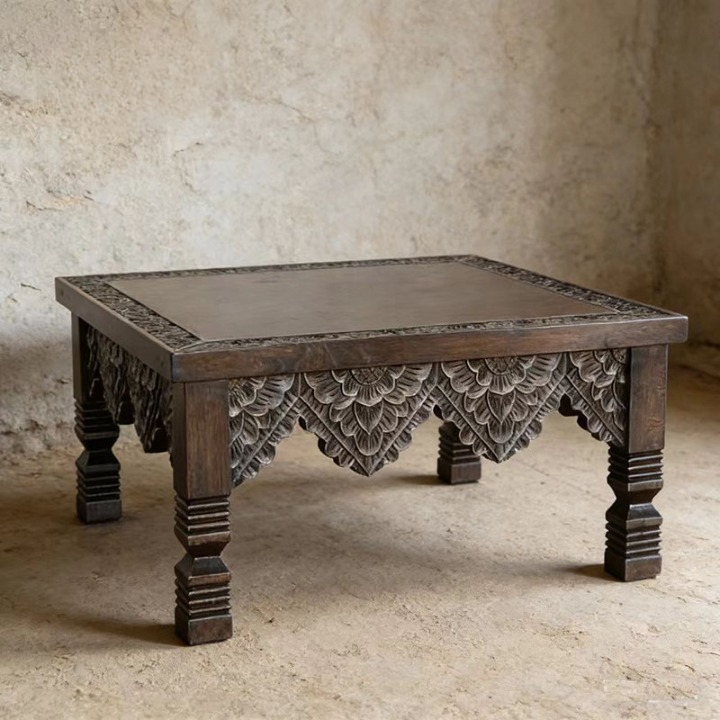 Hand-Carved Solid Elm Wood Coffee Table, Square Accent Table with Floral Carved Apron and Sculpted Legs, Rustic Wood Center Table for Living Room, Lounge or Tea Room