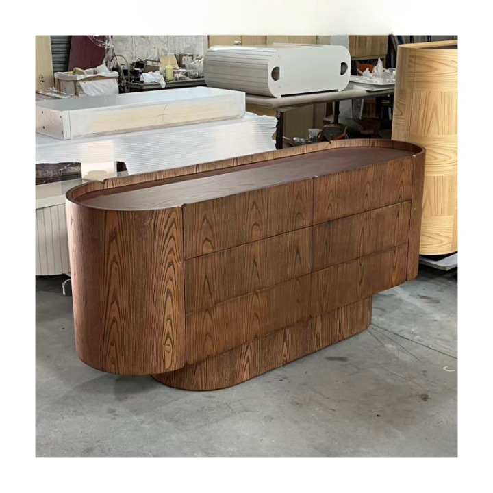 Natural Wood Sideboard Cabinet, Rounded Storage Credenza with 6 Drawers, Wabi Sabi Buffet Cabinet for Dining Room, Living Room, Entryway or Hallway